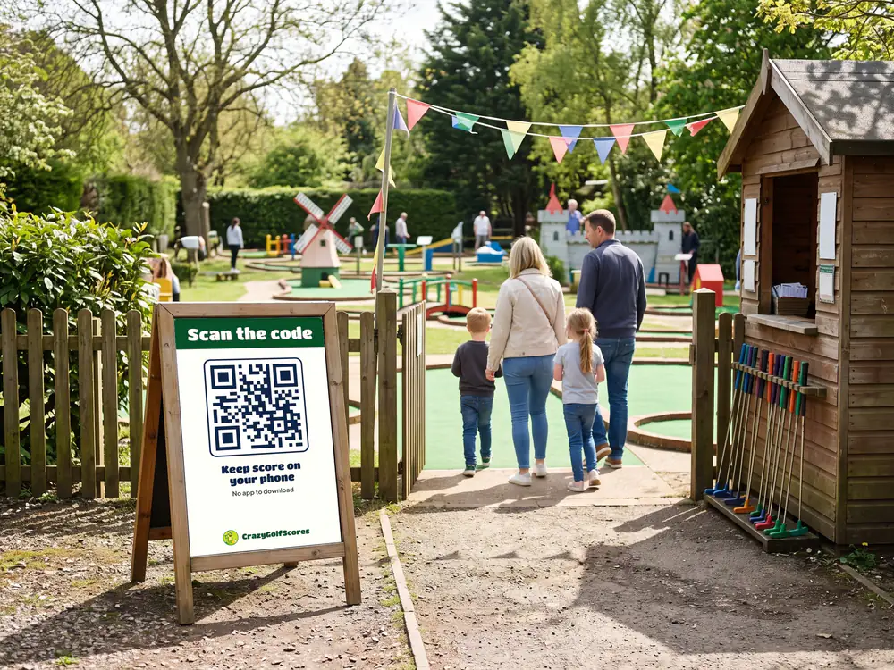 A wooden A-board at a course entrance with a Scan the code sign and a QR code, as a family walks in