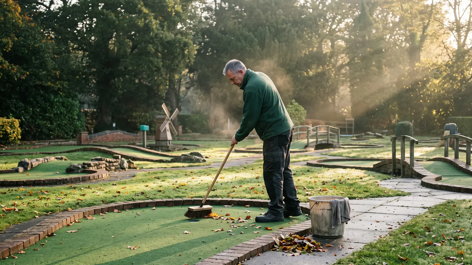 A man in a green fleece sweeps autumn leaves off a hole early in the morning, a bucket and cloth beside him