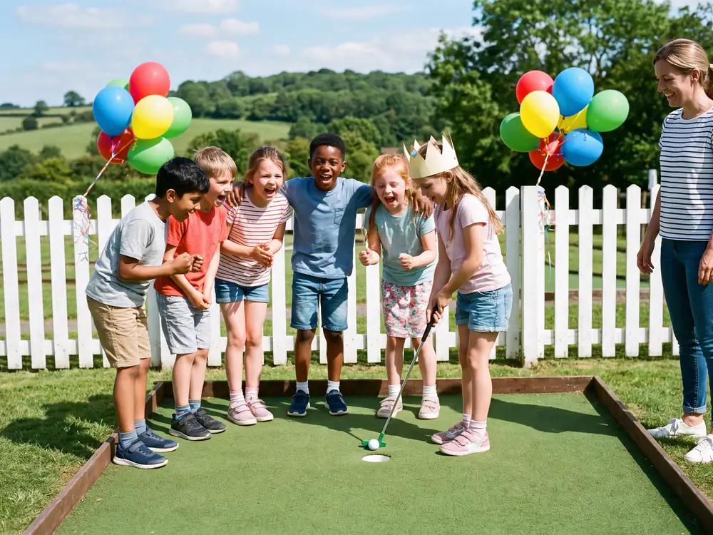 A birthday girl in a paper crown putts while her friends crowd round cheering, with balloons tied to a white picket fence