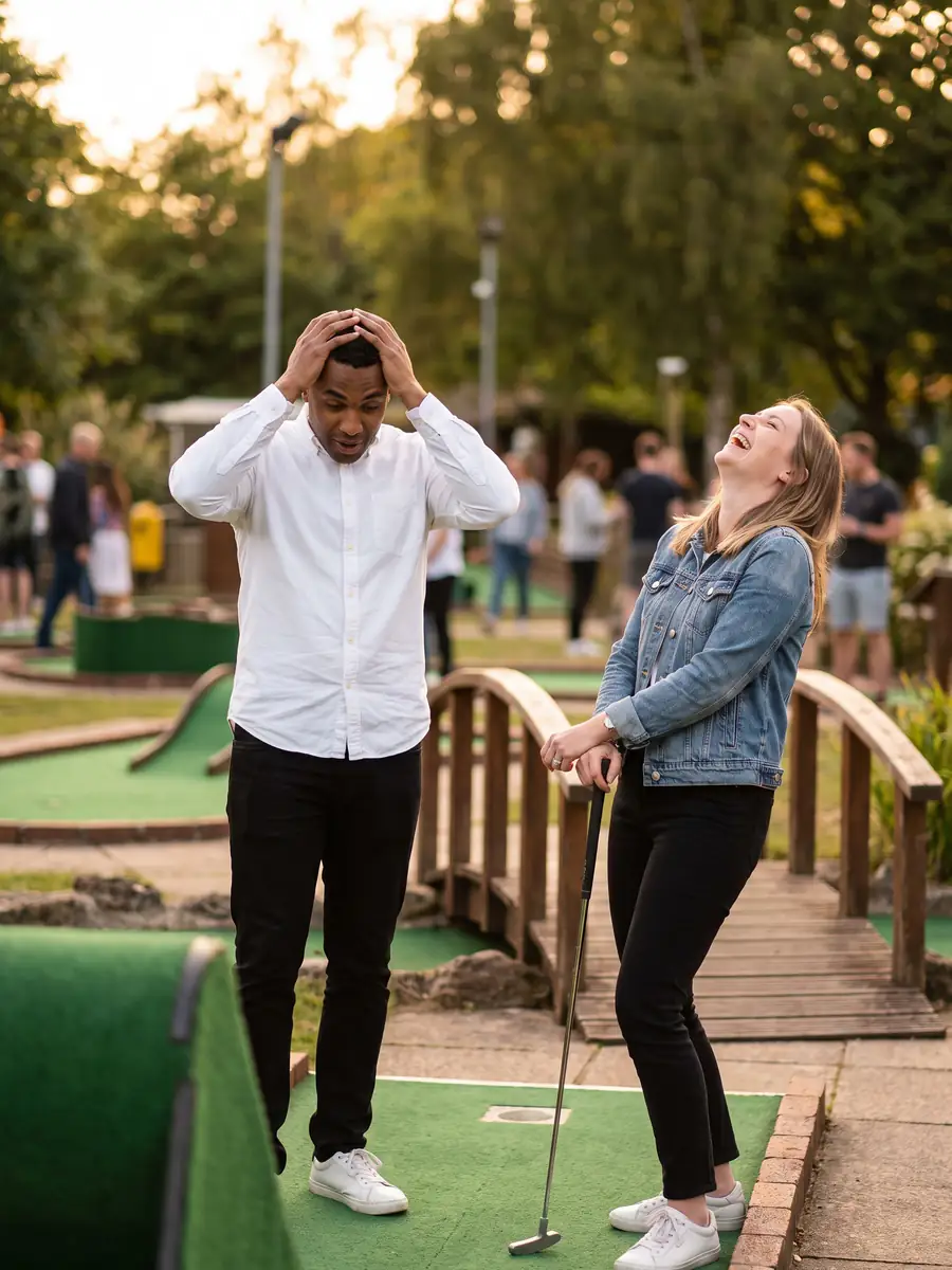 A couple on a date: he holds his head after a missed putt, she laughs leaning on her putter, a little wooden bridge behind them