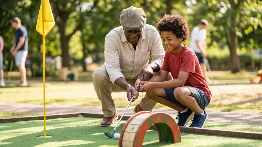 A grandfather in a flat cap crouches beside his grandson, their hands together on the putter, lining up a shot through a painted arch