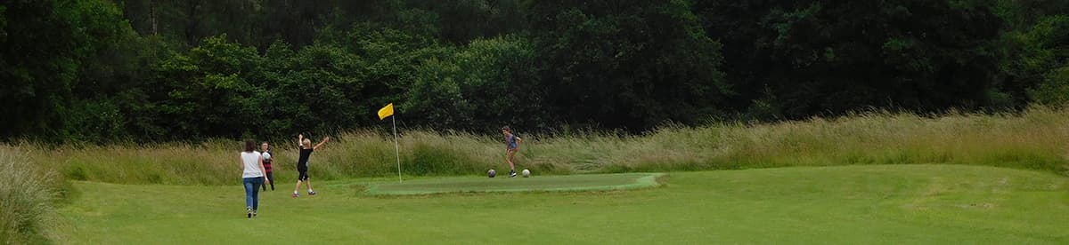 Two footballs on the Astroturf green beside the yellow flag, with players walking in from the fairway