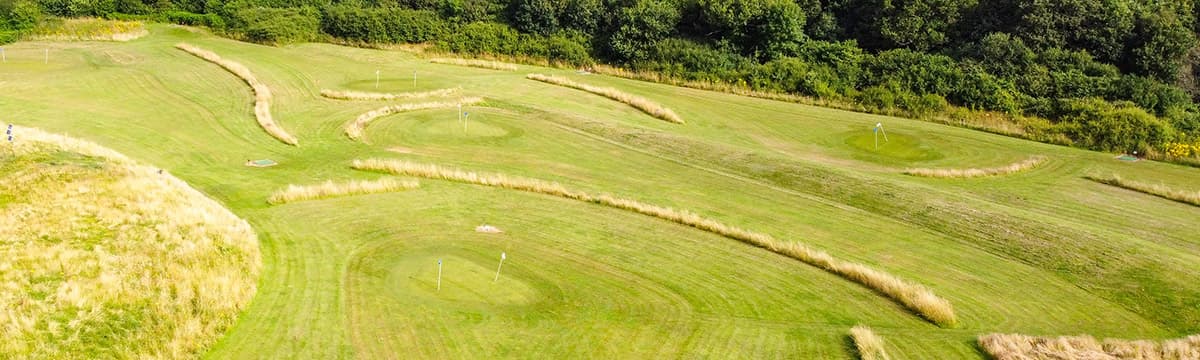 The pitch and putt course from above: mown greens with small flags, banks of long grass between them and a wood along the top