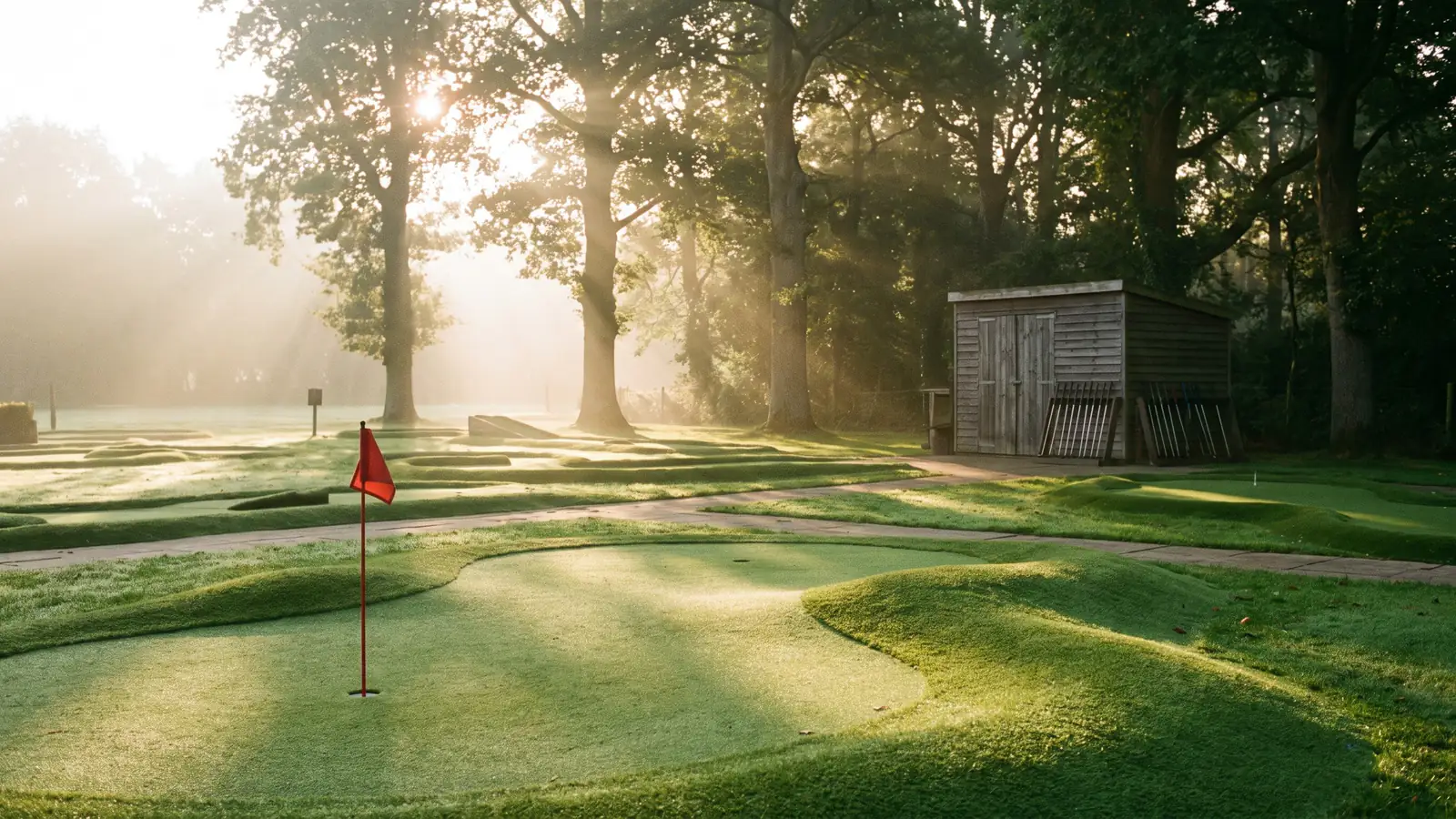 A crazy golf course early in the morning before it opens: dew on the turf, a red flag in the hole and sunlight through tall trees