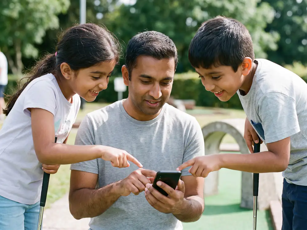 A dad taps in the scores on his phone while his son and daughter lean in and point at the screen